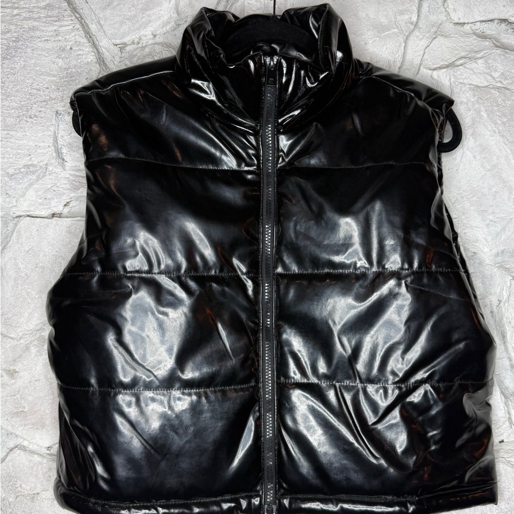 Who’s That Girl | Junior Girls Y2K Shiny Black Puffer Zipper Front Vest, Size L